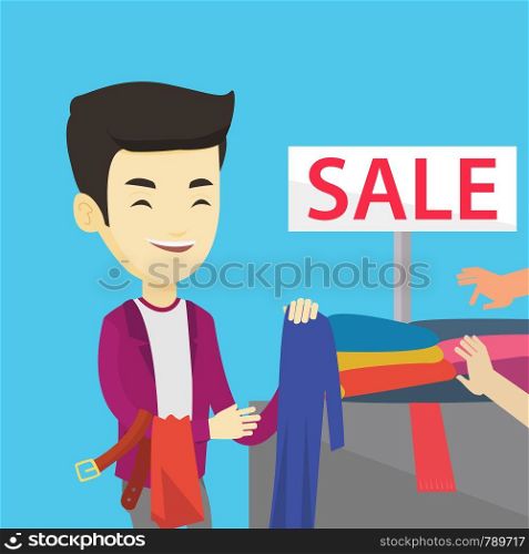 Asian smiling man choosing clothes in shop on sale. Happy male customer buying clothes at the store on sale. Young man shopping in clothes shop on sale. Vector flat design illustration. Square layout.. Young man choosing clothes in shop on sale.