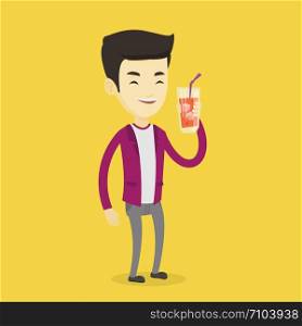 Asian smiling man holding cocktail glass with drinking straw. Joyful man drinking a cocktail. Young happy man celebrating with a cocktail. Vector flat design illustration. Square layout.. Man drinking cocktail vector illustration.