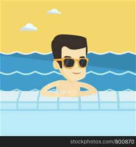Asian smiling man relaxing in swimming pool at resort. Young man bathing in swimming pool. Cheerful guy swimming and relaxing in pool on summer vacation. Vector flat design illustration. Square layout. Smiling young man in swimming pool.