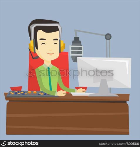 Asian smiling radio dj in headset working on a radio station. Radio dj working in front of microphone, computer and mixing console on radio. Vector flat design illustration. Square layout.. Asian dj working on the radio vector illustration