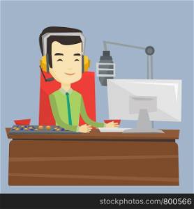 Asian smiling radio dj in headset working on a radio station. Radio dj working in front of microphone, computer and mixing console on radio. Vector flat design illustration. Square layout.. Asian dj working on the radio vector illustration