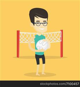 Asian smiling sportsman holding volleyball ball in hands. Young cheerful beach volleyball player standing on the background with voleyball net. Vector flat design illustration. Square layout.. Beach volleyball player vector illustration.
