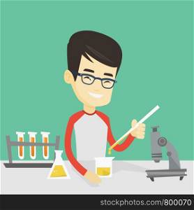 Asian smiling student carrying out laboratory experiment. Student working with microscope at laboratory class. Student experimenting in laboratory. Vector flat design illustration. Square layout.. Student working at laboratory class.