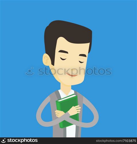 Asian smiling student hugging his book. Happy joyful student likes read books. Peaceful student with eyes closed holding a book. Concept of education. Vector flat design illustration. Square layout.. Student hugging his book vector illustration.