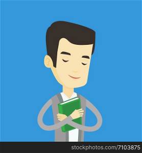 Asian smiling student hugging his book. Happy joyful student likes read books. Peaceful student with eyes closed holding a book. Concept of education. Vector flat design illustration. Square layout.. Student hugging his book vector illustration.