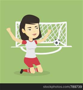 Asian soccer player celebrating scoring goal. Young football player kneeling with raised arms on the background of football gate with ball in it. Vector flat design illustration. Square layout.. Soccer player celebrating scoring goal.