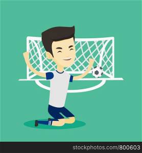 Asian soccer player celebrating scoring goal. Young football player kneeling with raised arms on the background of football gate with ball in it. Vector flat design illustration. Square layout.. Soccer player celebrating scoring goal.