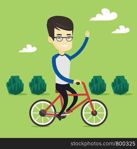 Asian sportive man riding a bicycle in the park. Cyclist riding bicycle and waving hand. Young man on a bicycle outdoors. Healthy lifestyle concept. Vector flat design illustration. Square layout.. Man riding bicycle vector illustration.