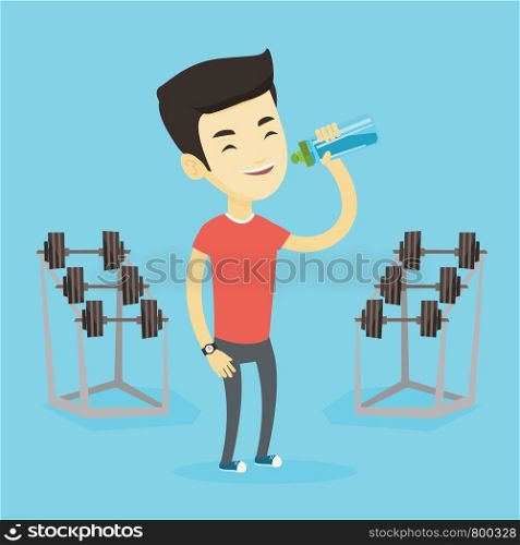 Asian sportsman drinking water. Young sportsman standing with bottle of water in the gym. Smiling sportsman drinking water from the bottle. Vector flat design illustration. Square layout.. Sportive man drinking water vector illustration.