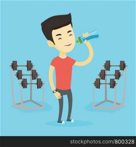 Asian sportsman drinking water. Young sportsman standing with bottle of water in the gym. Smiling sportsman drinking water from the bottle. Vector flat design illustration. Square layout.. Sportive man drinking water vector illustration.