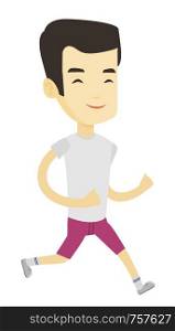 Asian sportsman in sportswear jogging. Sporty male athlete running. Young smiling sportsman running. Fit cheerful man enjoying jogging. Vector flat design illustration isolated on white background.. Young sporty man jogging on the beach.