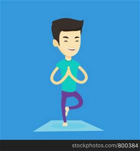 Asian sportsman meditating in yoga tree position. Smiling sportsman standing in yoga tree position. Young sporty man doing yoga on the mat. Vector flat design illustration. Square layout.. Young man practicing yoga tree pose.