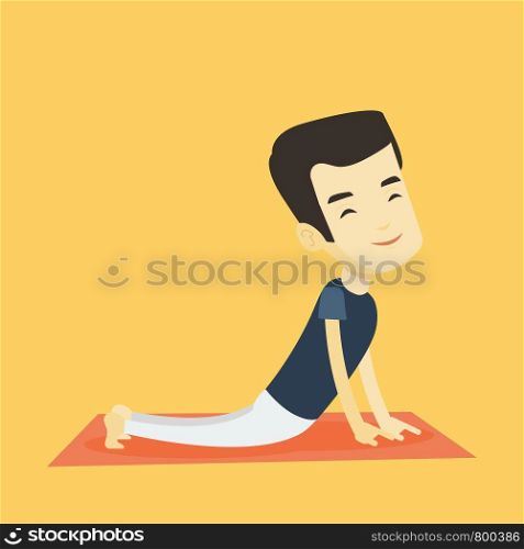Asian sportsman meditating in yoga upward dog position. Young happy sportsman practicing yoga upward dog pose. Sporty man doing yoga on the mat. Vector flat design illustration. Square layout.. Man practicing yoga upward dog pose.