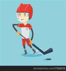 Asian sportsman playing ice hockey. Young ice hockey player in uniform skating on a rink. Smiling ice hockey player with a stick and puck. Vector flat design illustration. Square layout.. Ice hockey player vector illustration.