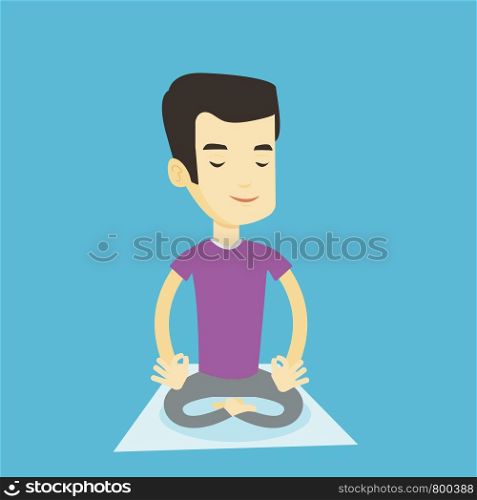 Asian sportsman relaxing in the yoga lotus position. Young sportsman meditating in yoga lotus position. Relaxed sporty man doing yoga on the mat. Vector flat design illustration. Square layout.. Man meditating in lotus pose vector illustration.