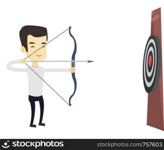 Asian sportsman shooting with bows during archery competition. Bowman aiming with bow and arrow at the target. Archer practicing with bow. Vector flat design illustration isolated on white background.. Archer aiming with bow and arrow at the target.