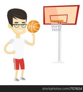 Asian sportsman spinning basketball ball on finger. Young basketball player standing on the basketball court. Basketball player in action. Vector flat design illustration isolated on white background.. Young basketball player spinning ball.