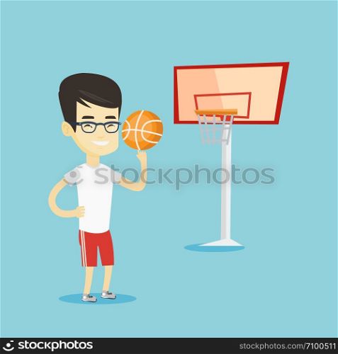 Asian sportsman spinning basketball ball on his finger. Young basketball player standing on the basketball court. Basketball player in action. Vector flat design illustration. Square layout.. Young basketball player spinning ball.
