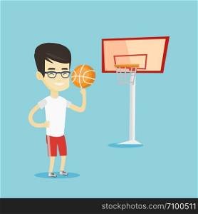 Asian sportsman spinning basketball ball on his finger. Young basketball player standing on the basketball court. Basketball player in action. Vector flat design illustration. Square layout.. Young basketball player spinning ball.
