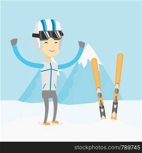 Asian sportsman standing with skis on the background of snowy mountains. Young man skiing. Cheerful skier resting in the mountains during sunny day. Vector flat design illustration. Square layout.. Cheerful skier standing with raised hands.