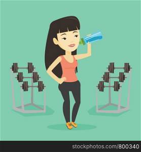 Asian sportswoman drinking water. Young sportswoman standing with bottle of water in the gym. Smiling sportswoman drinking water from the bottle. Vector flat design illustration. Square layout.. Sportive woman drinking water vector illustration.