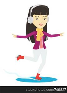 Asian sportswoman ice skating. Young smiling woman ice skating. Woman at skating rink. Female figure skater posing on skates. Vector flat design illustration isolated on white background.. Woman ice skating vector illustration.