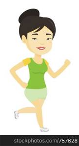 Asian sportswoman in sportswear jogging. Sporty woman running. Young smiling sportswoman running. Fit cheerful woman enjoying jogging. Vector flat design illustration isolated on white background.. Young sporty woman jogging on the beach.