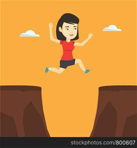 Asian sportswoman jumping across the gap from one rock to another. Smiling sportswoman jumping over rocks with gap. Young sportswoman running. Vector flat design illustration. Square layout.. Sportswoman jumping over cliff vector illustration