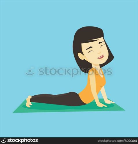 Asian sportswoman meditating in yoga upward dog position. Young happy sportswoman practicing yoga upward dog pose. Sporty woman doing yoga on the mat. Vector flat design illustration. Square layout.. Woman practicing yoga upward dog pose.