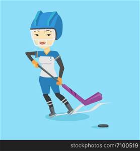 Asian sportswoman playing ice hockey. Young ice hockey player in uniform skating on a rink. Smiling ice hockey player with a stick and puck. Vector flat design illustration. Square layout.. Ice hockey player vector illustration.