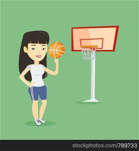 Asian sportswoman spinning basketball ball on her finger. Young basketball player standing on the basketball court. Female basketball player in action. Vector flat design illustration. Square layout.. Young basketball player spinning ball.
