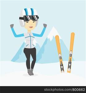 Asian sportswoman standing with skis on the background of snowy mountains. Young woman skiing. Cheerful skier resting in the mountains during sunny day. Vector flat design illustration. Square layout.. Cheerful skier standing with raised hands.