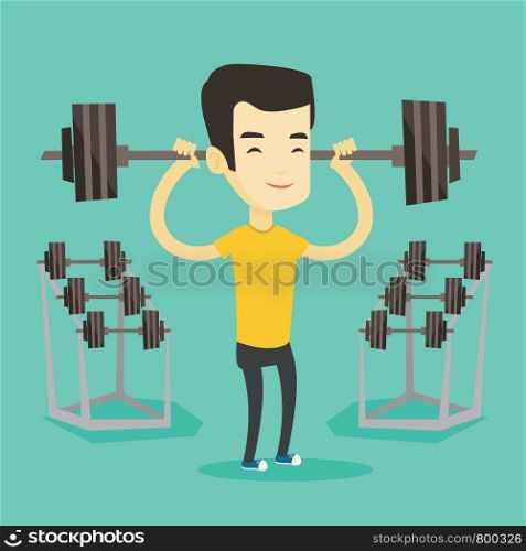 Asian sporty man lifting a heavy weight barbell. Strong weightlifter doing exercise with barbell. Young weightlifter holding a barbell in the gym. Vector flat design illustration. Square layout.. Man lifting barbell vector illustration.