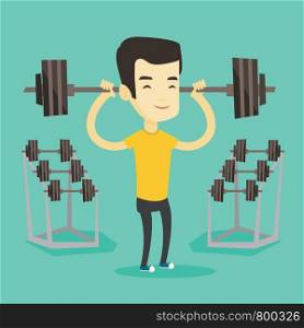 Asian sporty man lifting a heavy weight barbell. Strong weightlifter doing exercise with barbell. Young weightlifter holding a barbell in the gym. Vector flat design illustration. Square layout.. Man lifting barbell vector illustration.