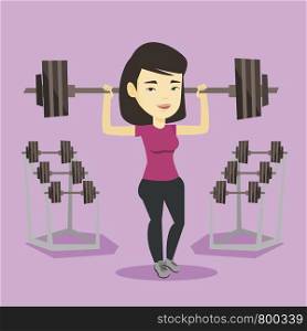 Asian sporty woman lifting a heavy weight barbell. Strong weightlifter doing exercise with barbell. Young weightlifter holding a barbell in the gym. Vector flat design illustration. Square layout.. Woman lifting barbell vector illustration.