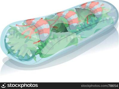Asian Spring Roll. Illustration of an appetizing cartoon asian spring roll icon, exotic specialty with shrimps, lettuce salad, carrot and mint for asian food restaurants