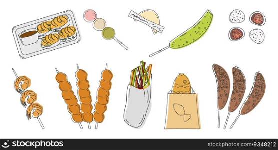 Asian street food. Fast food. Duddle style. Set. Menu design of a restaurant, cafe, diner. Vector  illustration.