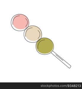 Asian street food. Small pieces of mochi on wooden sticks in caramel dango syrup. Fast food. Duddle style. Menu design of a restaurant, cafe, diner. Vector  illustration.