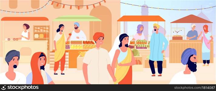 Asian street market. Asia girl, woman shopping on indian or arabic bazaar. Traditional goods marketplace, eastern travel vector illustration. Asian market street, marketplace traditional. Asian street market. Asia girl, woman shopping on indian or arabic bazaar. Traditional goods marketplace, eastern travel vector illustration
