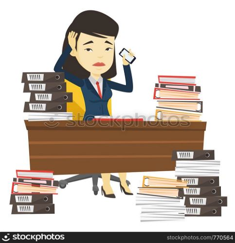Asian stressed office worker. Office worker feeling stress from work. Stressful office worker sitting at workplace. Stress at work concept. Vector flat design illustration isolated on white background. Despair business woman working in office.