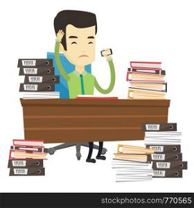 Asian stressed office worker. Office worker feeling stress from work. Stressful office worker sitting at workplace. Stress at work concept. Vector flat design illustration isolated on white background. Despair business man working in office.
