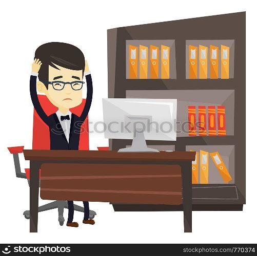 Asian stressed young office worker. Business man feeling stress from work. Stressed employee sitting at workplace. Stress at work concept. Vector flat design illustration isolated on white background.. Stressed employee working in office.