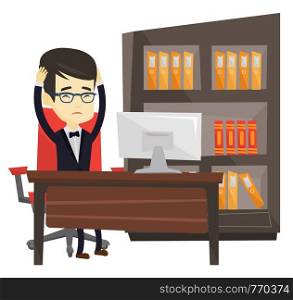 Asian stressed young office worker. Business man feeling stress from work. Stressed employee sitting at workplace. Stress at work concept. Vector flat design illustration isolated on white background.. Stressed employee working in office.