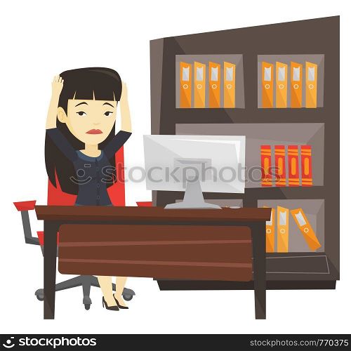 Asian stressed young office worker. Businesswoman feeling stress from work. Stressed employee sitting at workplace. Stress at work concept. Vector flat design illustration isolated on white background. Stressed employee working in office.