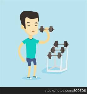 Asian strong weightlifter doing exercise with dumbbell. Young sporty man lifting a heavy weight dumbbell. Weightlifter holding dumbbell in the gym. Vector flat design illustration. Square layout.. Man lifting dumbbell vector illustration.