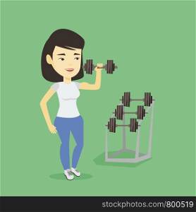 Asian strong weightlifter doing exercise with dumbbell. Young sporty woman lifting a heavy weight dumbbell. Weightlifter holding dumbbell in the gym. Vector flat design illustration. Square layout.. Woman lifting dumbbell vector illustration.