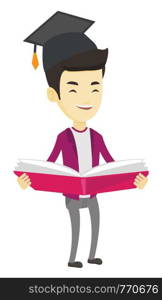 Asian student in graduation cap reading a book. Graduate standing with a big open book in hands. Man holding a book. Concept of education. Vector flat design illustration isolated on white background.. Graduate with book in hands vector illustration.