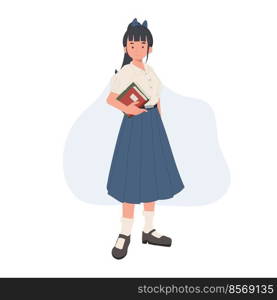 Asian student in school uniform. Thai student girl is holding books in one hand. learning , back to school concept. vector illlustration