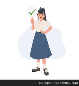 Asian student in school uniform. Thai student girl is holding correct sign. check mark. true. vector illustration