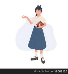 Asian student in school uniform. Thai student girl with books is introduce something. vector illlustration